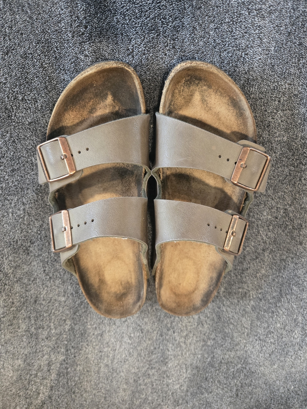 Birkenstock Womens Arizona Tan Gray Two-Strap Adjustable Buckle Sandals